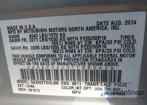 2015 Mitsubishi Outlander Sport Se из США, поврежденный, VIN 4A4AP4AU9FE006439